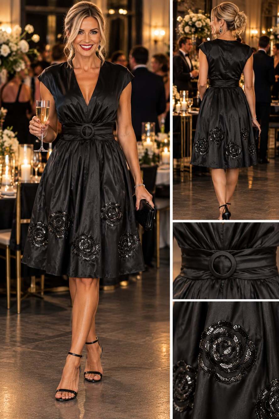 Donna Ricco Dress Size 8 Black Satin Beaded Floral Cocktail Belted